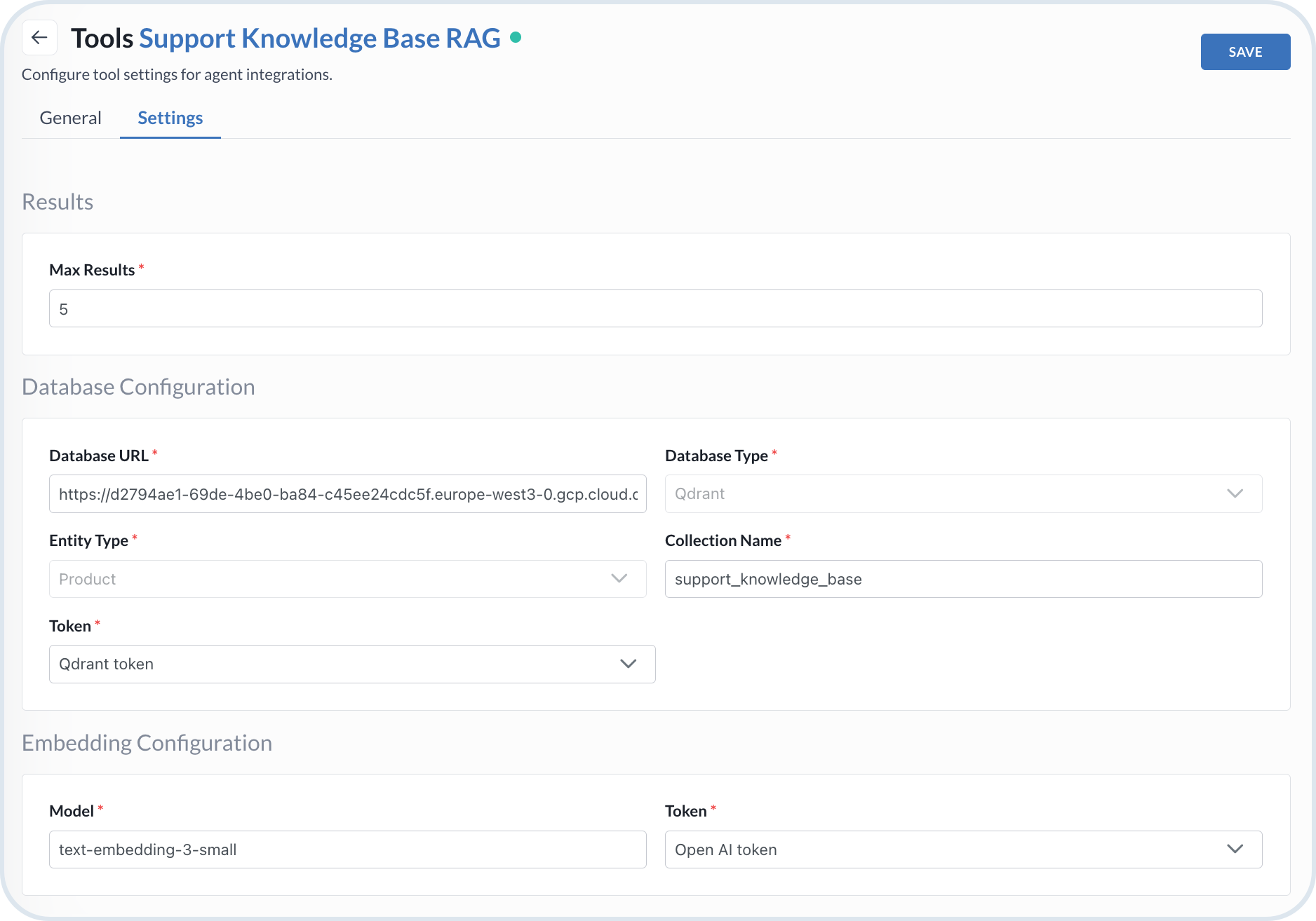 RAG custom tool settings