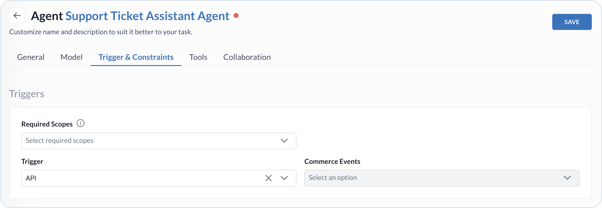 Configuring trigger for custom agent