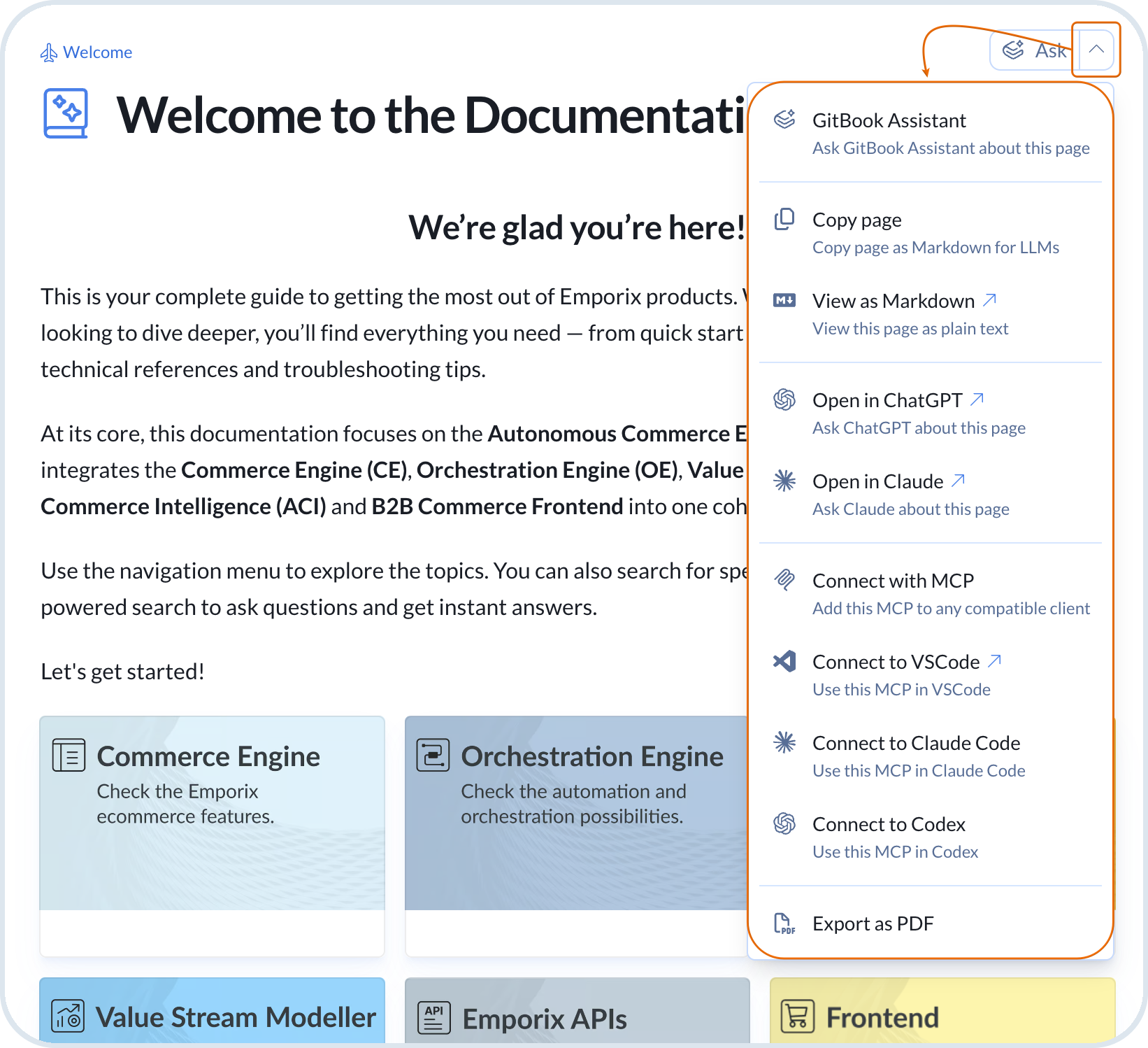 Ask menu in the Documentation Portal top bar with Markdown, MCP, and assistant options
