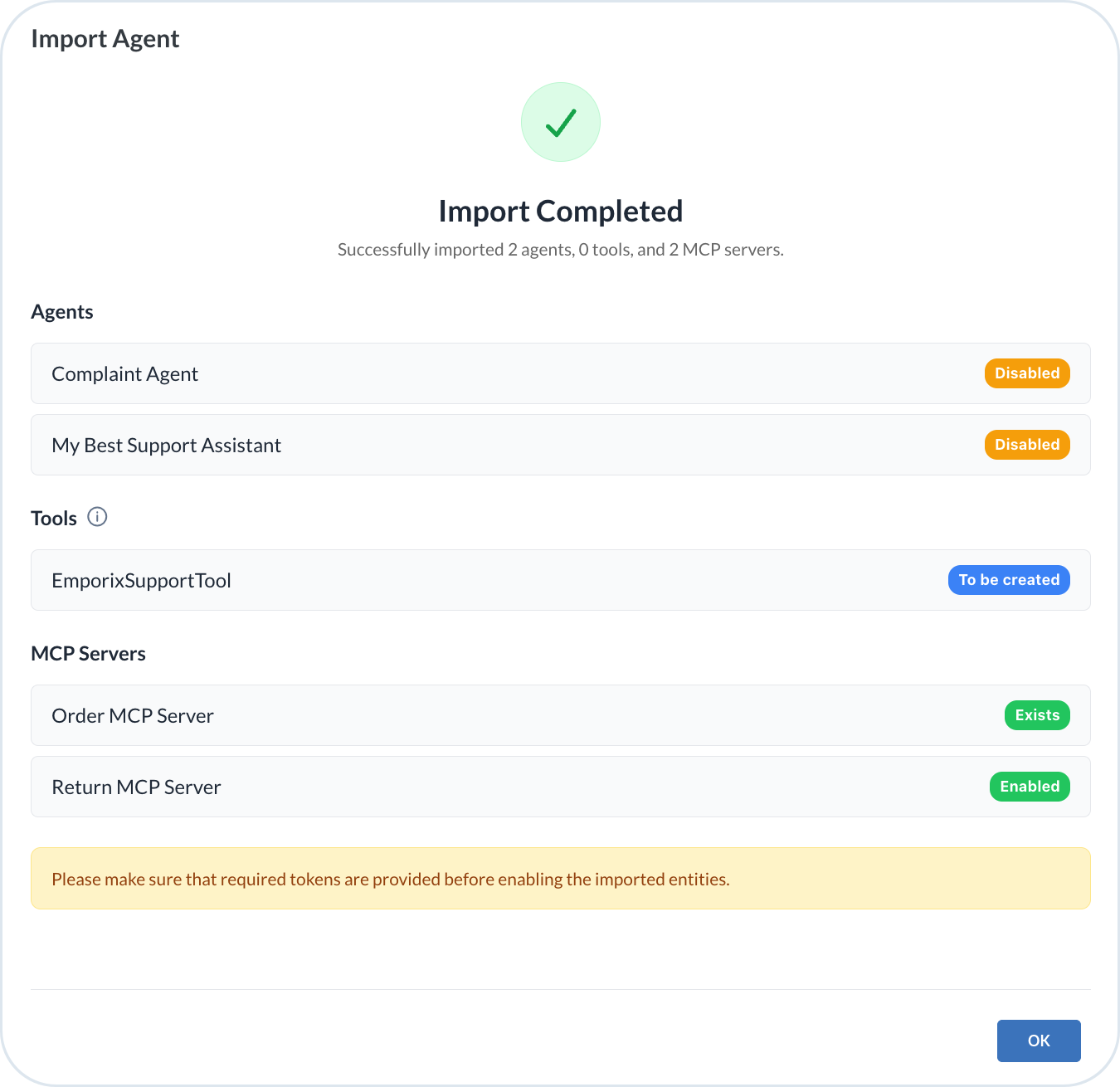 Agent import result