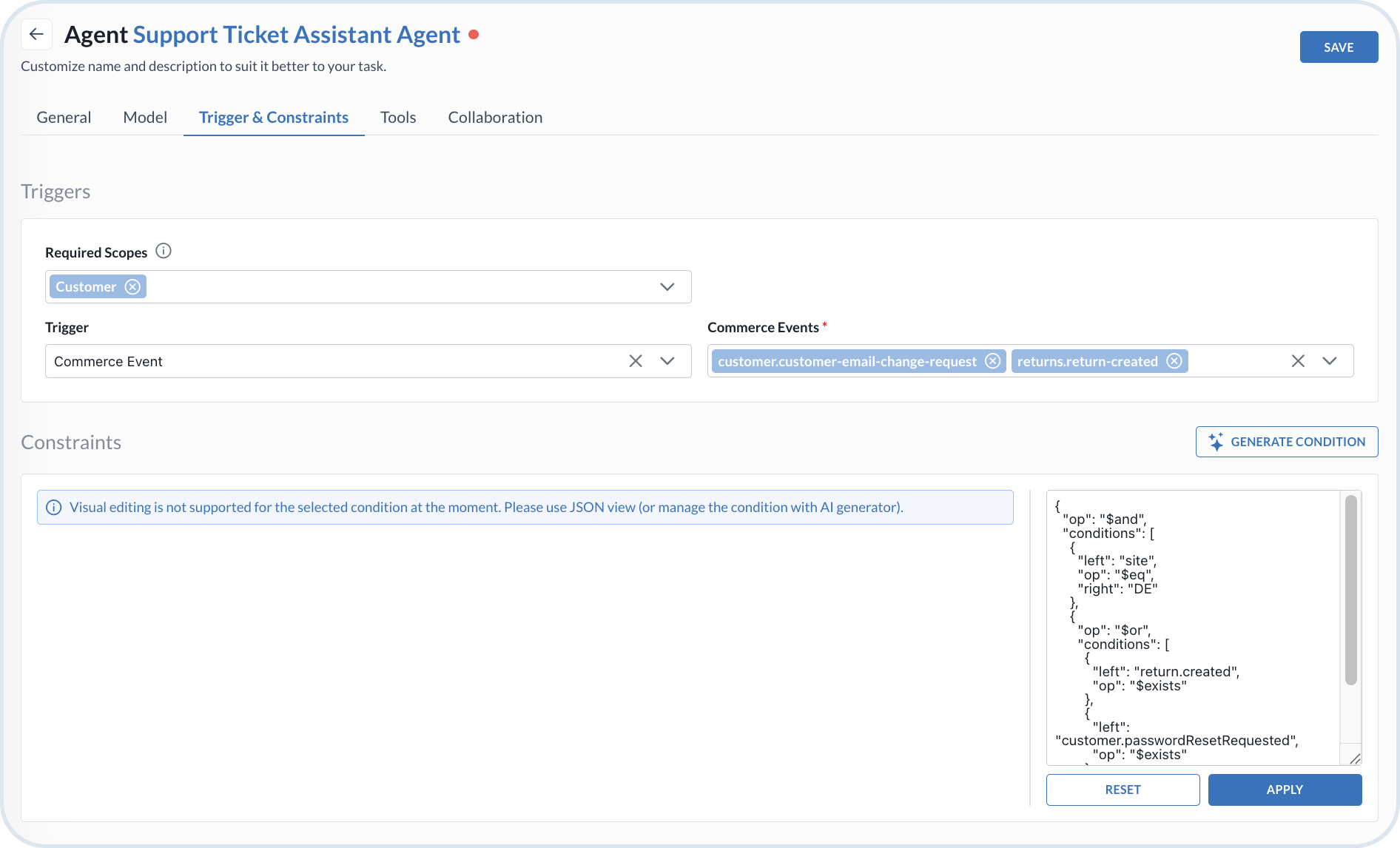JSON representation of complex constraints for custom agent