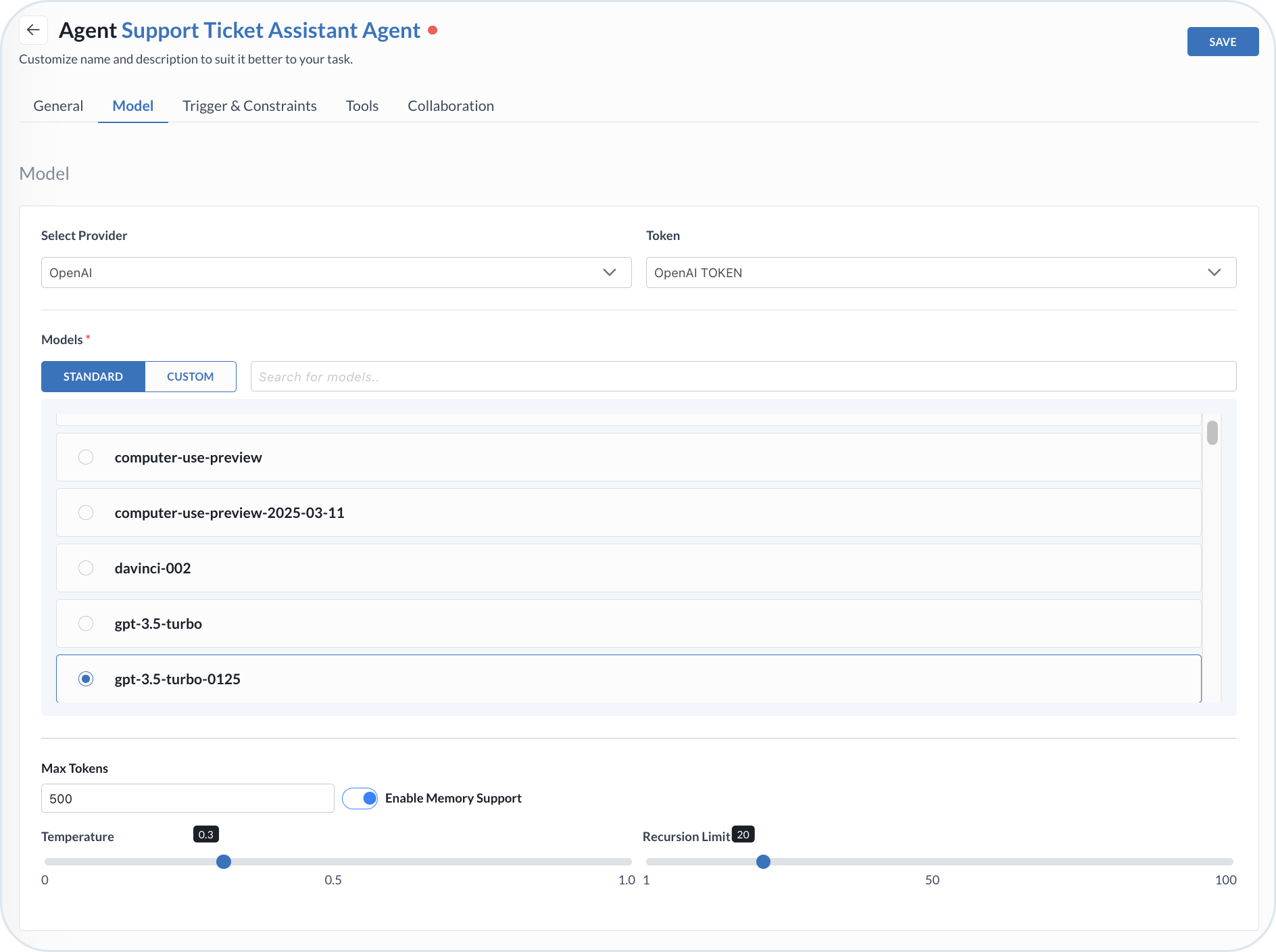 Configuring LLM model for custom agent