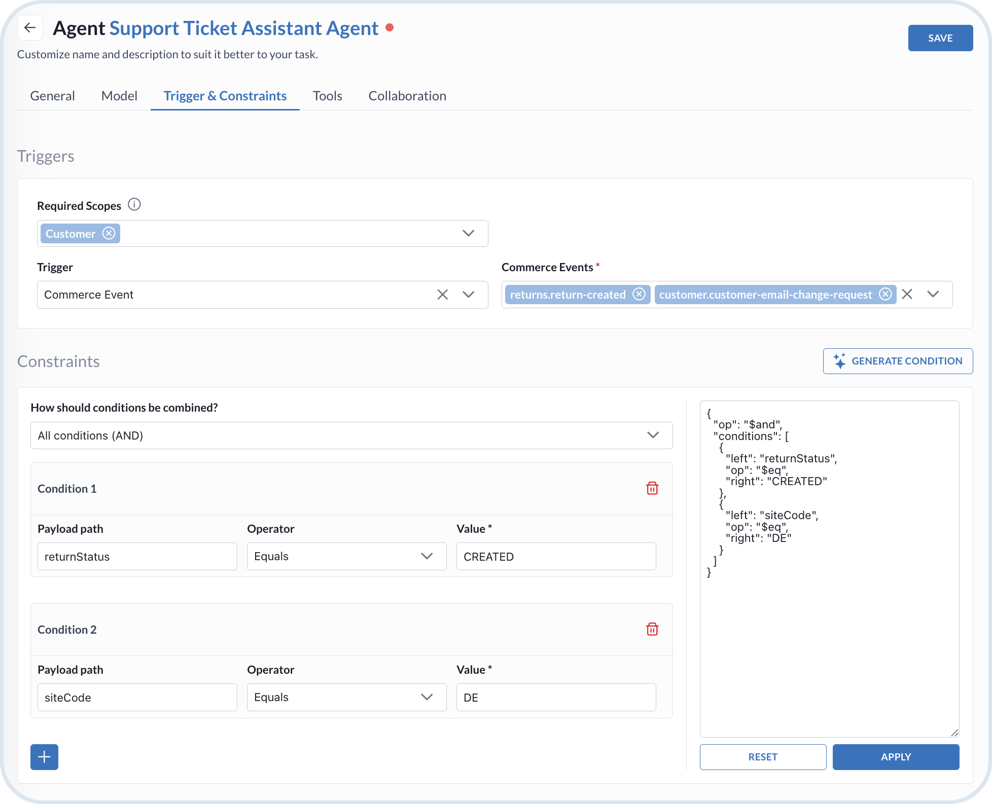 Configuring trigger constraints for custom agent