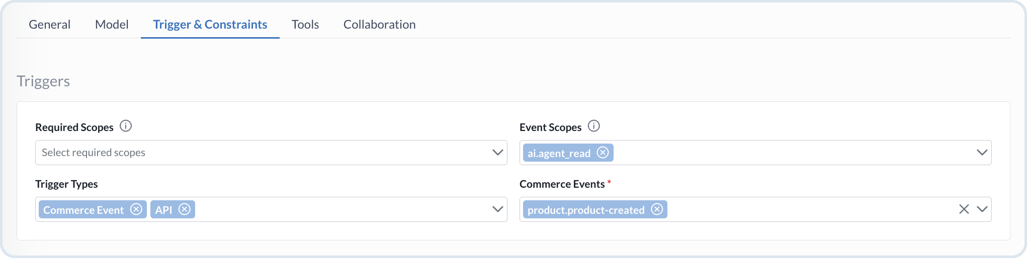 Configuring trigger types, Event Scopes, and commerce events for a custom agent